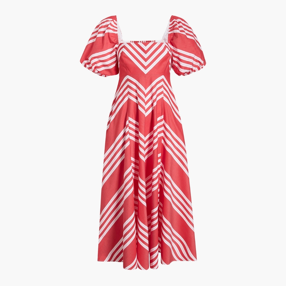Hill House Red and White Striped Puff-Sleeve Midi Dress
